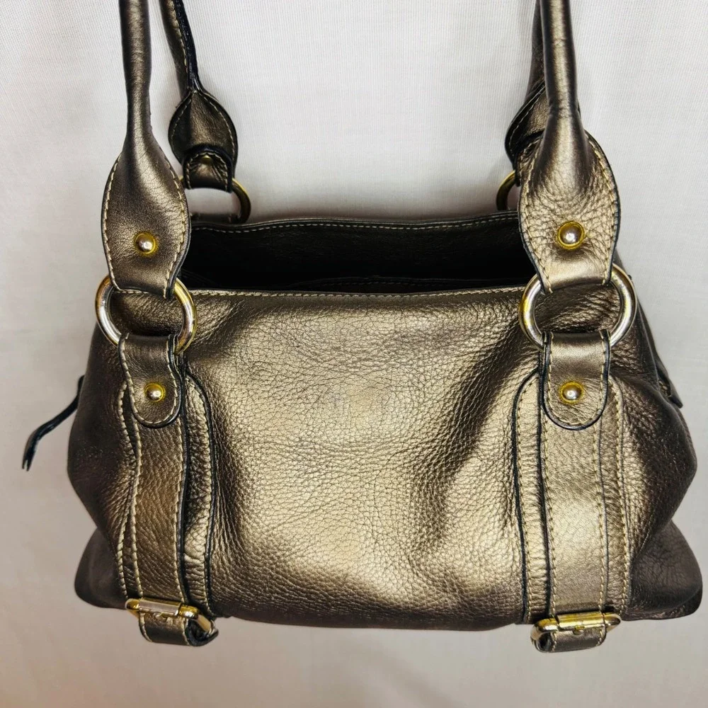 Metallic Bronze Pebbled Leather Shoulder Bag Satchel Gold Hardware Triple Pocket